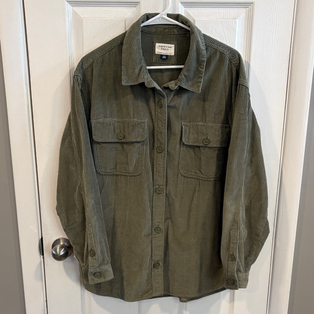 American Eagle Outfitters Olive Button Down Corduroy Shirt Size Large
